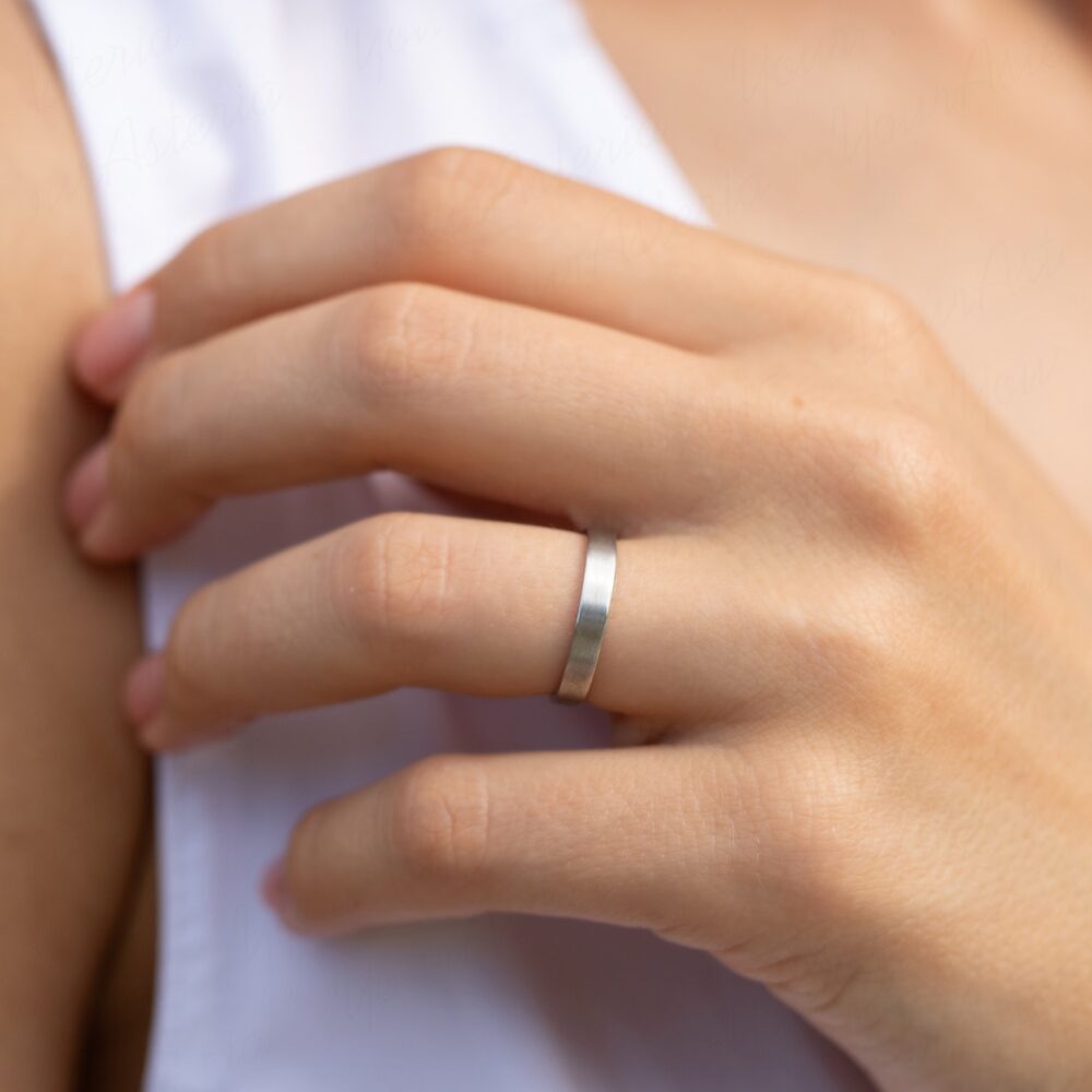 Plain Flat Wedding Band For Him & Her, Brushed Wedding Couples, Simple Minimalist 14K White Gold 4mm in Matte Finish