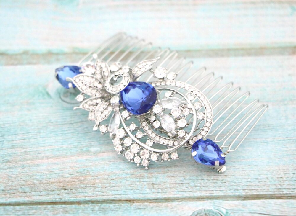 Sapphire Wedding Hair Comb Emerald Crystal Rhinestone Hair Comb Bridal Accessories Piece Navy Blue Side