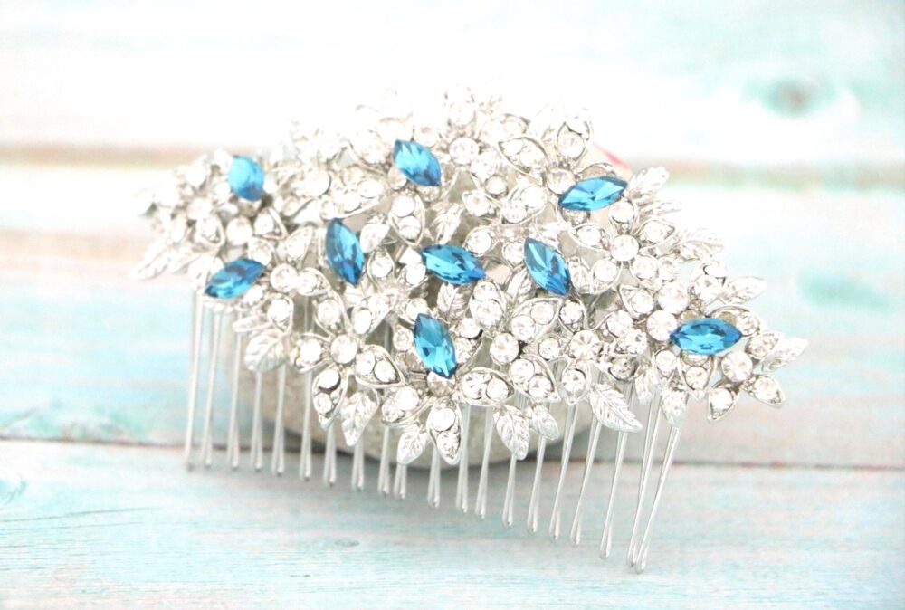 Emerald Crystal Rhinestone Hair Comb Silver Wedding Accessory Indicolite Hair Clip Navy Blue Comb Bridal Hairpiece Gold