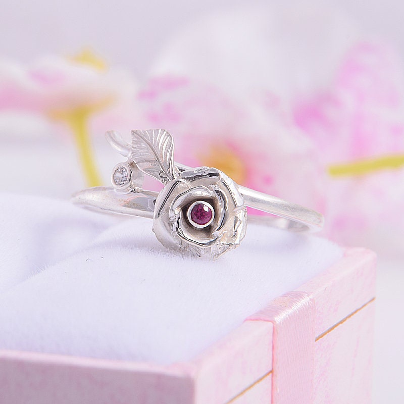 Rose Flower Promise Ring With Ruby in 925 Sterling Silver, Unique Silver For Her, Womens Ring, Silver