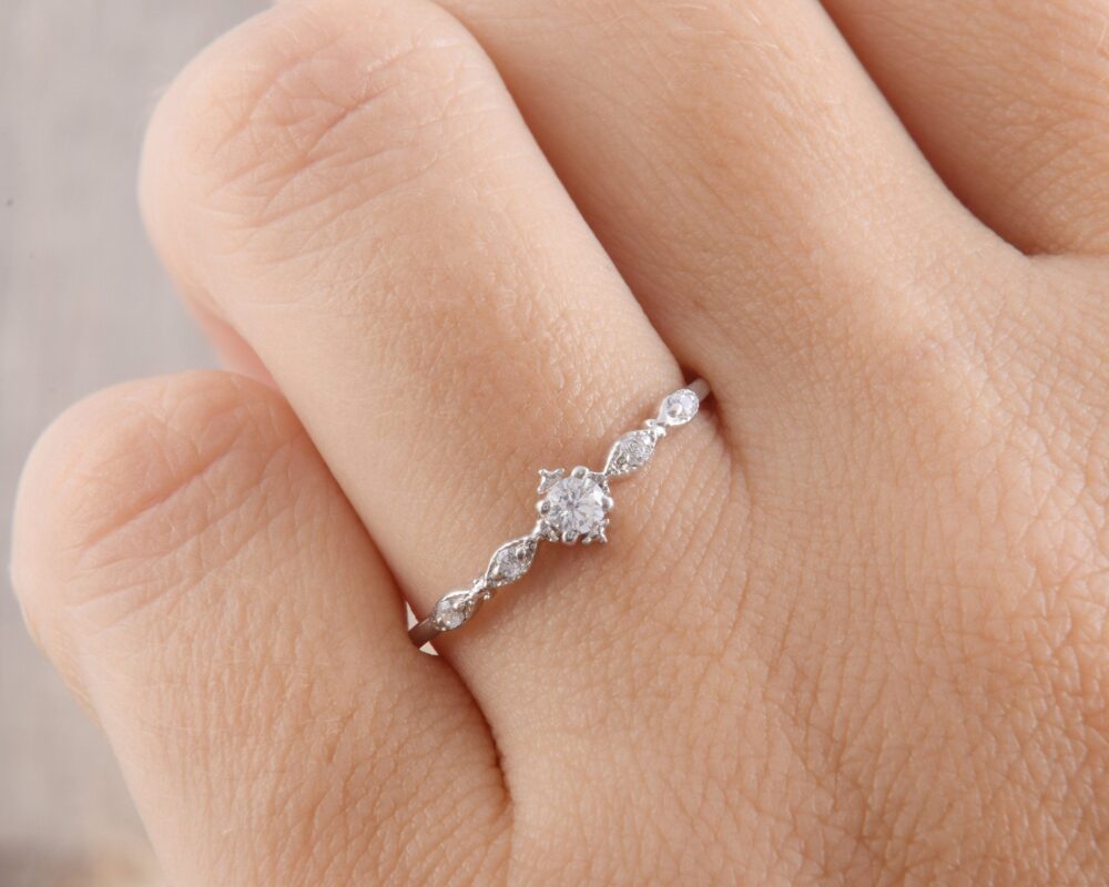 14K Solid White Gold Dainty Art Deco Diamond Promise Ring For Her, Unique Antique Small Womens Engagement Ring, Womens