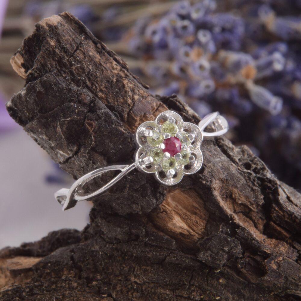 Small & Dainty Flower Promise Ring For Her, Delicate Womens Ruby Peridot Ring, Unique Simple Minimalist Sterling Silver