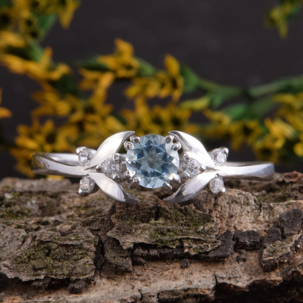 Womens Art Deco Blue Topaz Promise Ring, Unique Antique Ring For Her, Flower Engagement