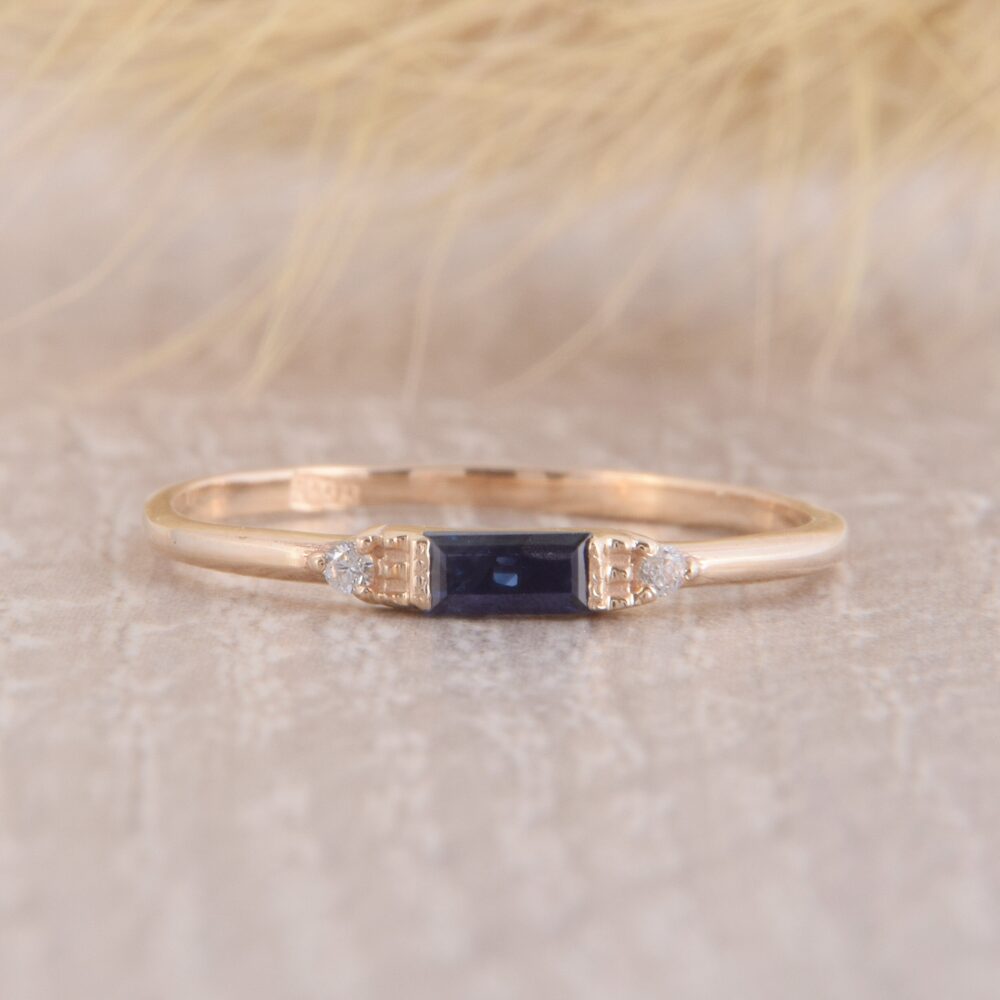 14K Rose Gold Delicate Minimalist Blue Sapphire & Diamond Promise Ring For Her, Womens Simple Dainty Ring, Small Tiny