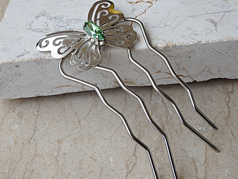 Bridal Hair Fork, Green Butterfly Accessory, Wedding Jewelry, Accessories, Metal Stick