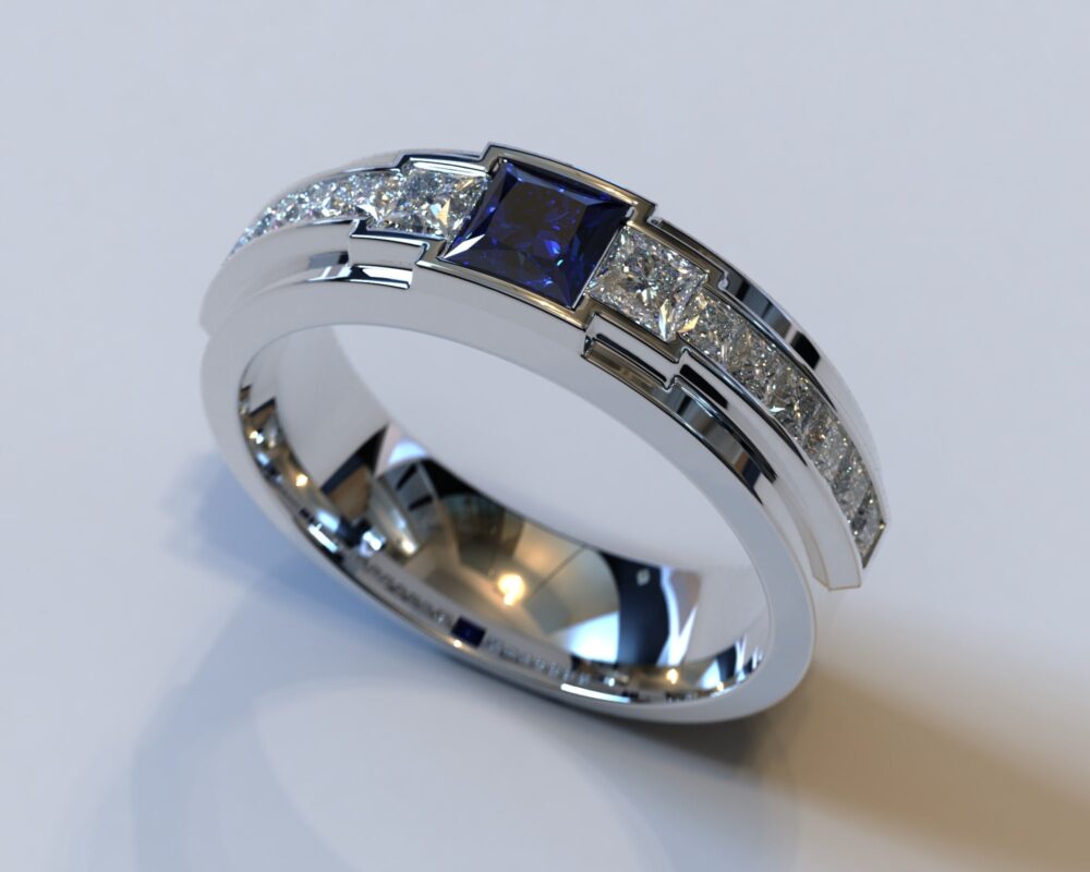 Sapphire Wedding Band/White Gold Mens Square Cut Diamond Ring