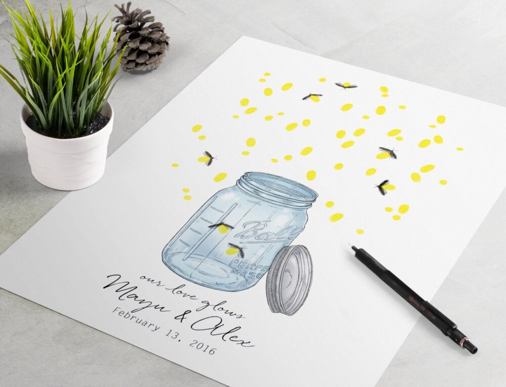 Mason Jar Fireflies Wedding Guest Book Print Thumbprint Keepsake