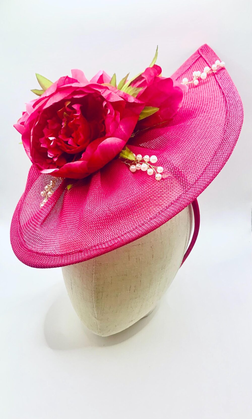 Fuscia Peony Wedding Fascinator Derby Ascot Race Day Hat With Pearls