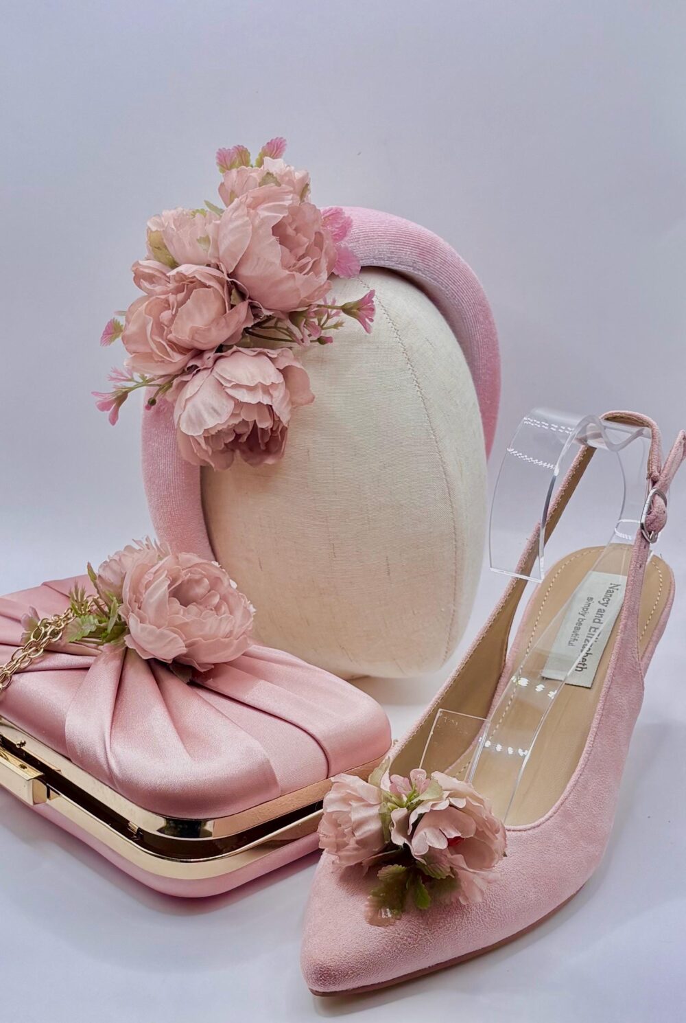 Blush Baby Pink Wedding Fascinator Derby Ascot Race Day Pillbox Hat Or Headband With Shoes & Clutch Bag