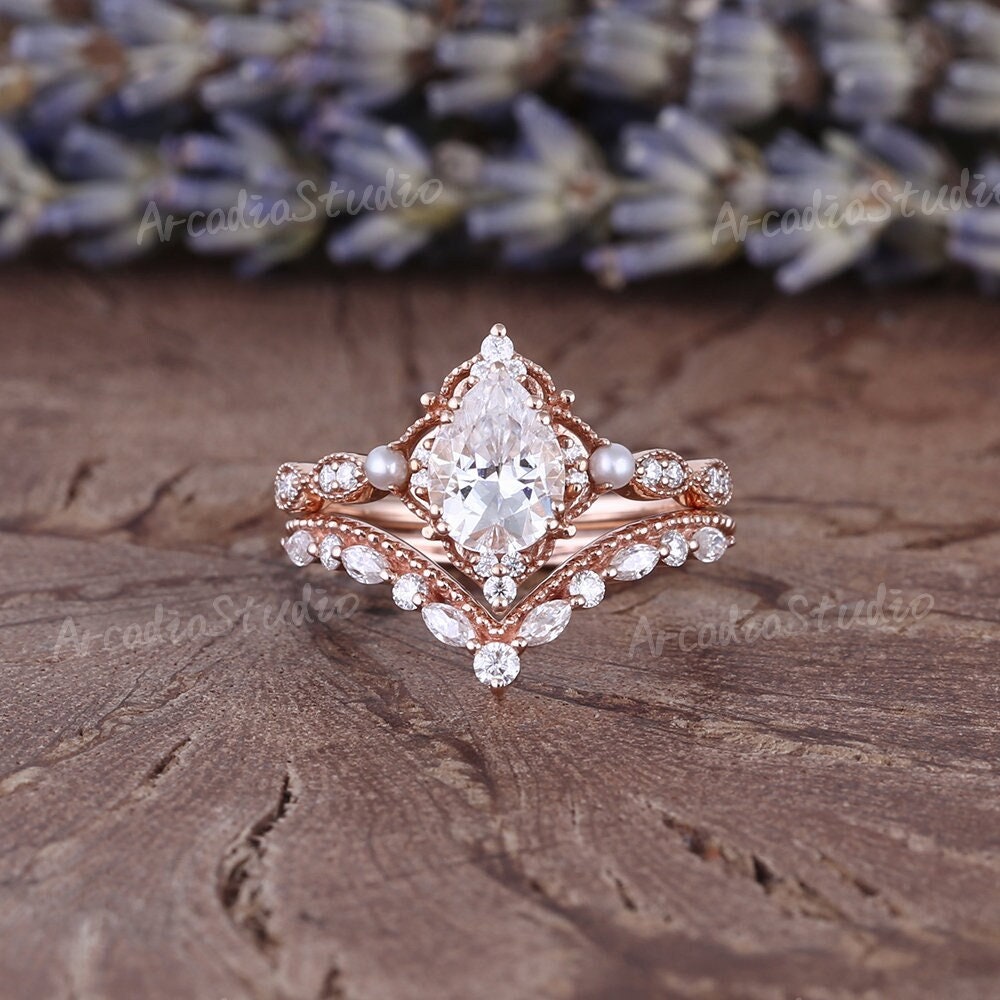 Vintage Pear Cut Moissanite Engagement Ring Set Rose Gold Floral Milgrain Pearl Bridal Dainty Marquise Wedding Band