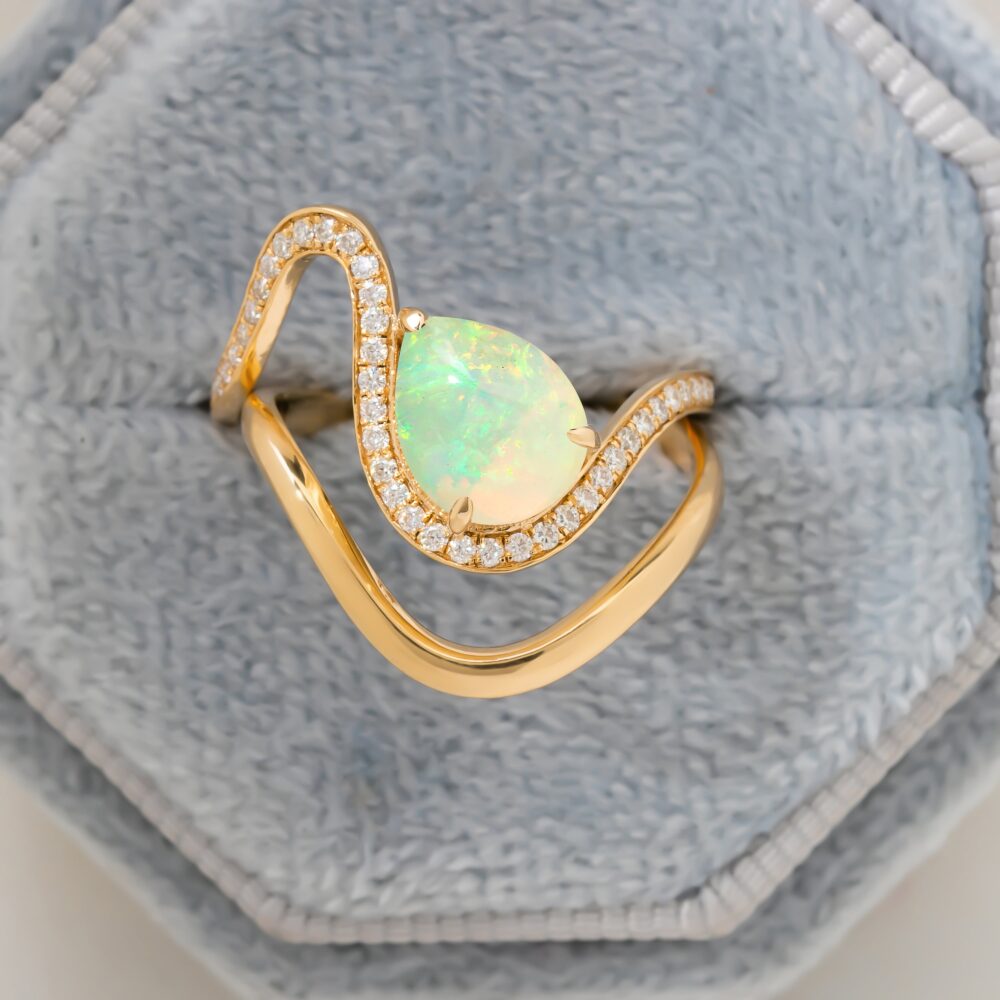 Pear Opal Diamond Ring Set, Bridal Wedding Set Of 2 Rings, Deep Curve 14K Yellow Gold Band, Stacking Gift For Bride, Cabochon