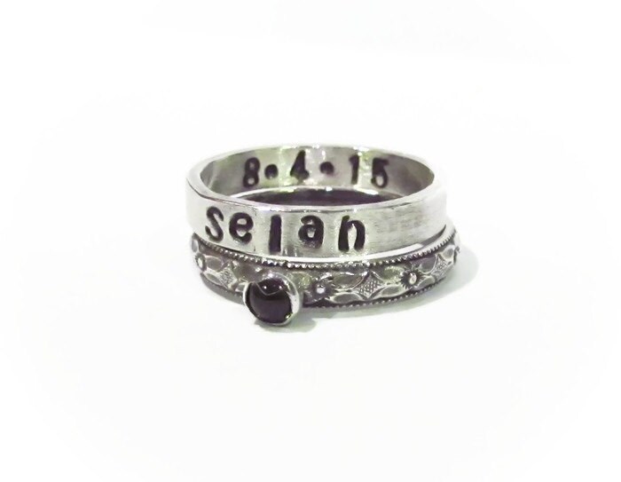 Personalized Stack Ring, Peridot, August Birthstone, January Stone, Stack Ring, Garnet, Mother Ring, Birthstone Ring, Hand Stamped Ring, Mom Ring