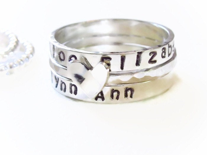 Personalized Ring, Silver Heart, Initial Ring, Mother Ring, Name Ring, Hand Stamped Ring, Mom Ring, Sterling Heart, Valentines Gift, Gift For Her
