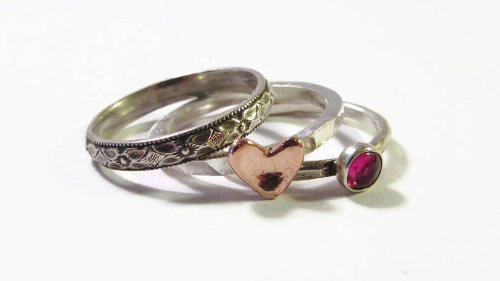 Stack Ring Set, Copper Heart, Stack Ring, Mother Ring, Birthstone Ring, Floral Band, Boho Ring, Mom Ring, Valentines Gift, Gift For Her