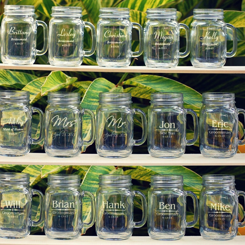 Personalized Mason Jar Mugs, 20 Wedding Favors, Party Gifts Jar, Groomsmen Gift, Bridesmaid Engraved Gift Men
