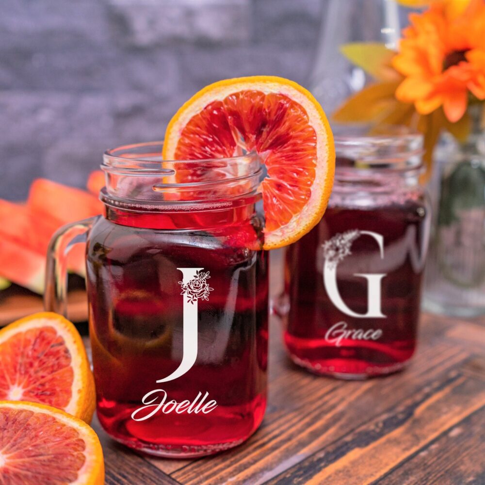 Personalized Mason Jar Cups Set Of 2, Bridesmaid Glass, Flower Girl Gift, Bridal Party Glasses, Wedding Tumbler