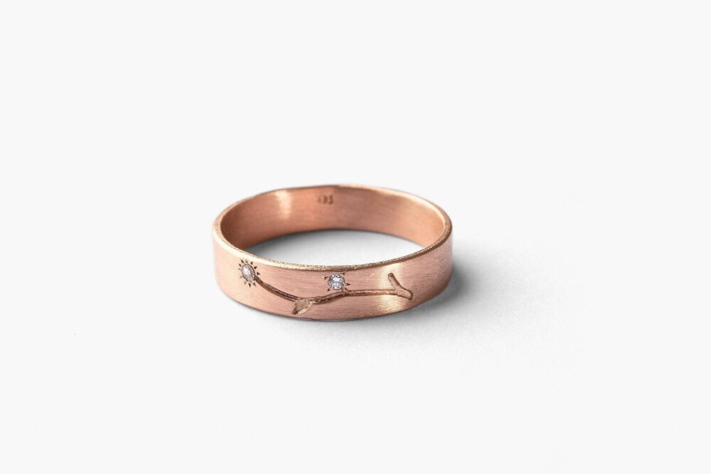 14K Solid Rose Gold Floral Engraved Band With Tiny Diamonds, Wedding For Women, Romantic Hand-Engraved Branch Band, Flat Wedding Ring