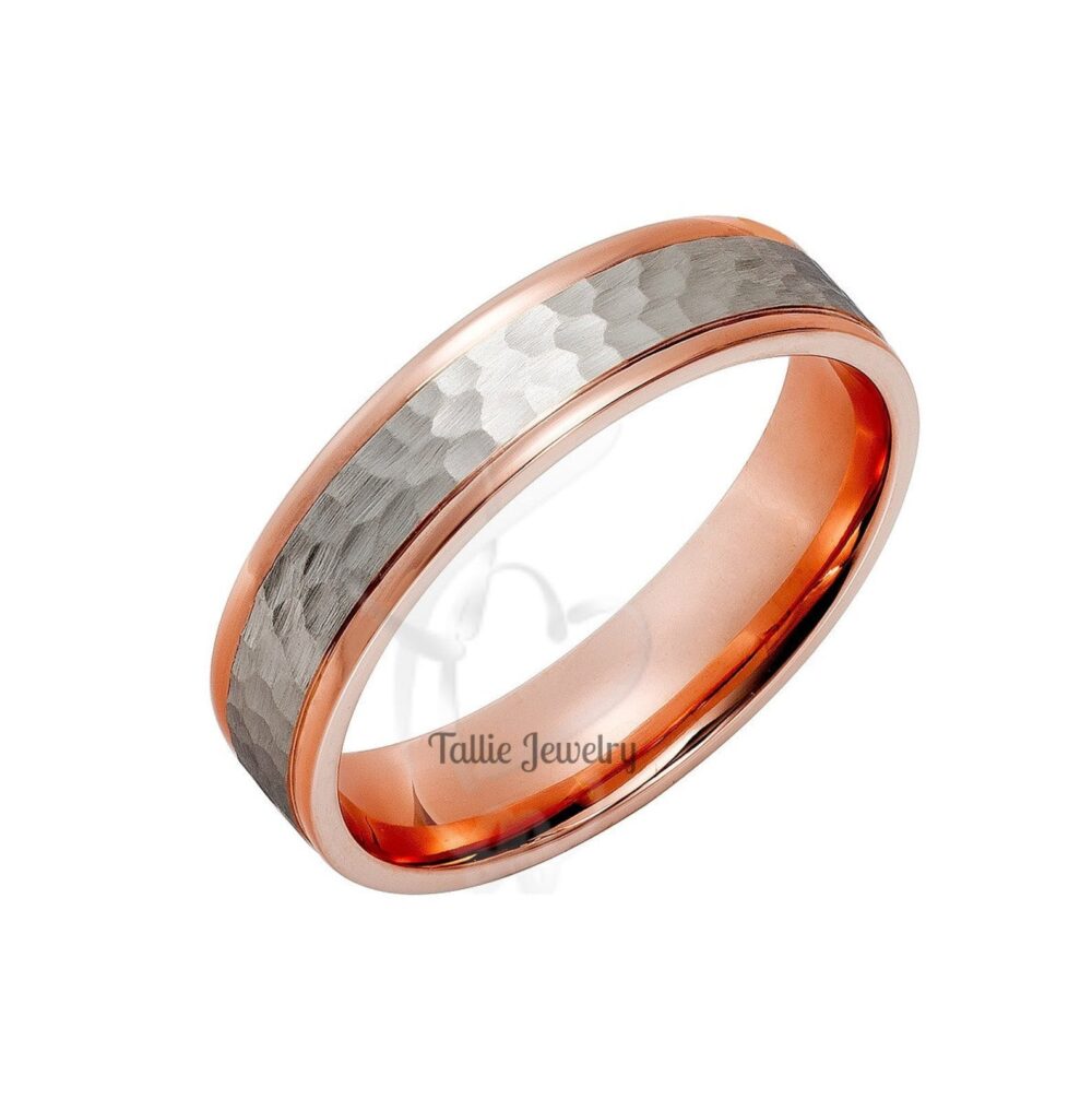Hammered Finish Platinum Mens Wedding Ring, Band, 14K Rose Solid Gold & & Womens Rings