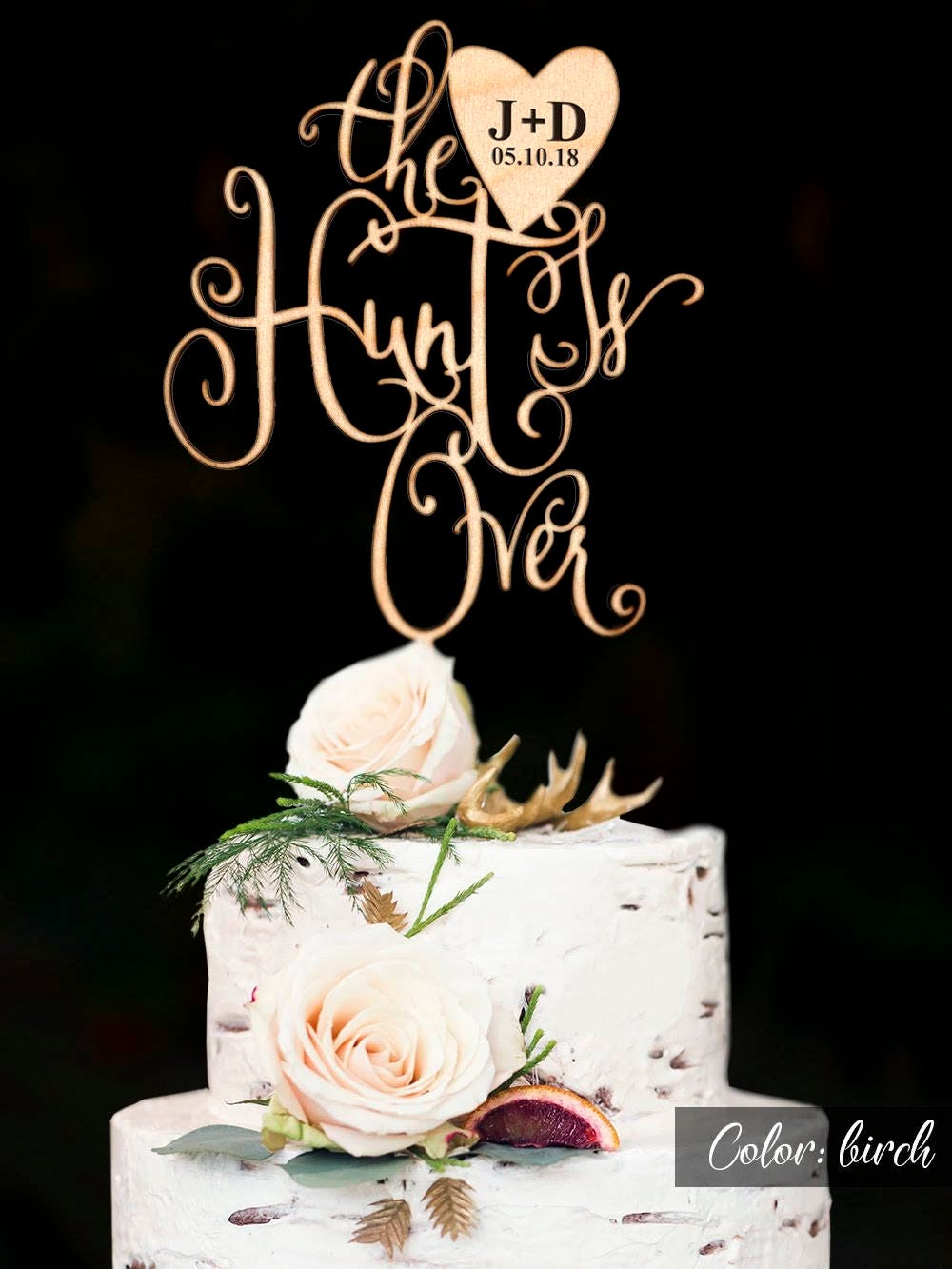 The Hunt Is Over Wedding Cake Topper. Engraved Initials Of The Bride & Groom Wedding Date.rustic Personalized Topper