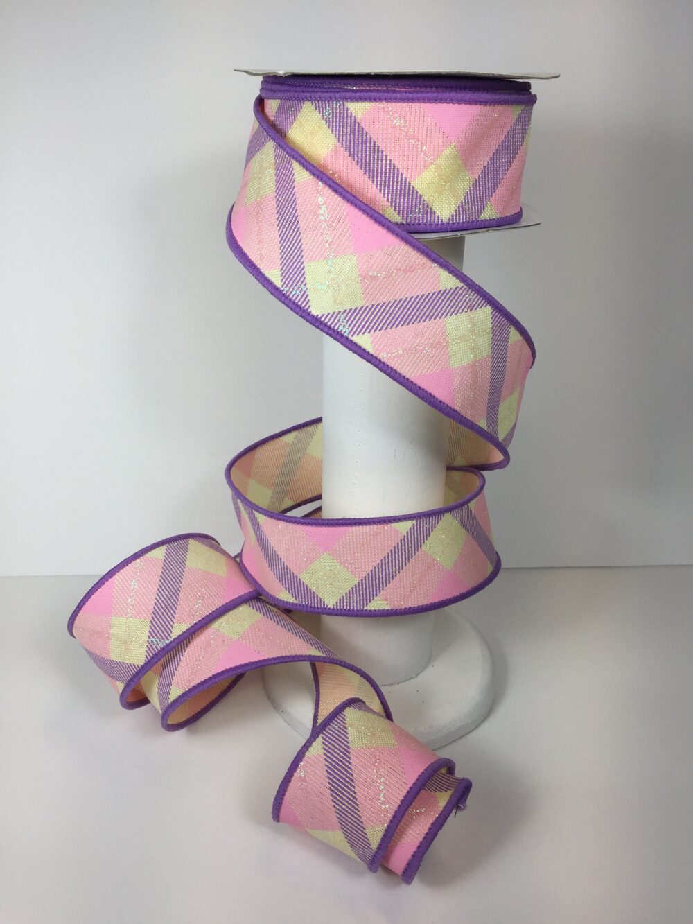Pastel Glittered Diagonal Plaid in Pink, Purple & Cream Wired Royal Burlap Ribbon 1.5" X 10 Yard Roll Edged Pink