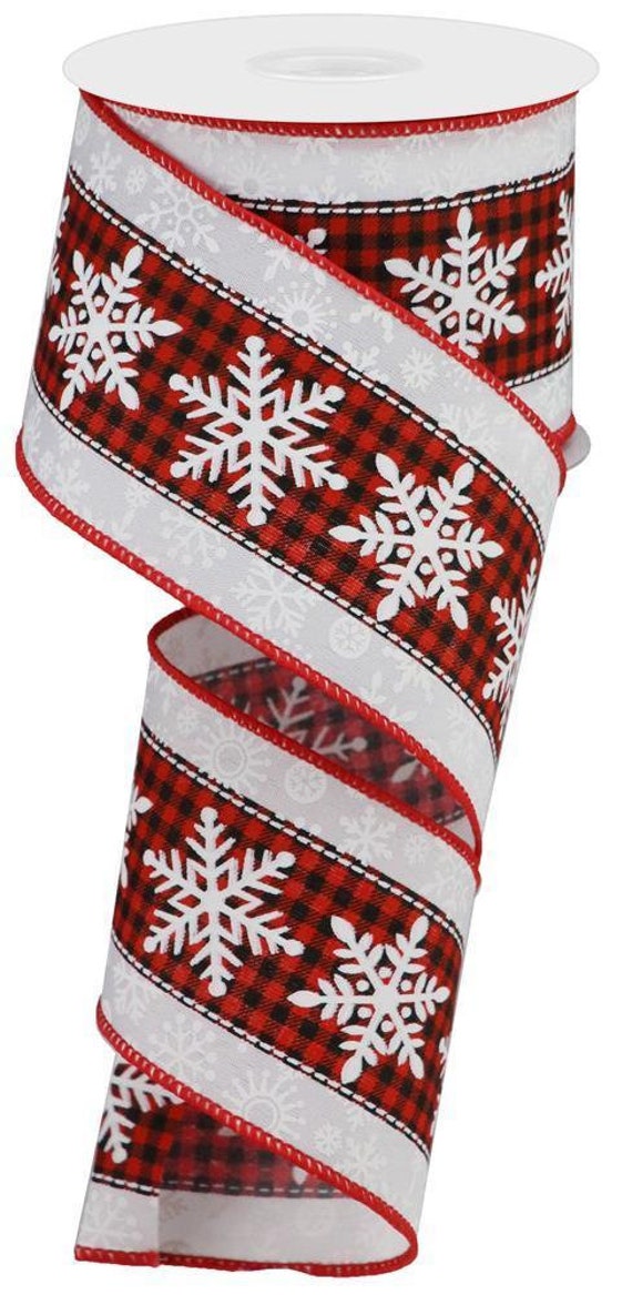 Christmas Buffalo Plaid Burlap Ribbon Red Satin Edge, White Snowflakes