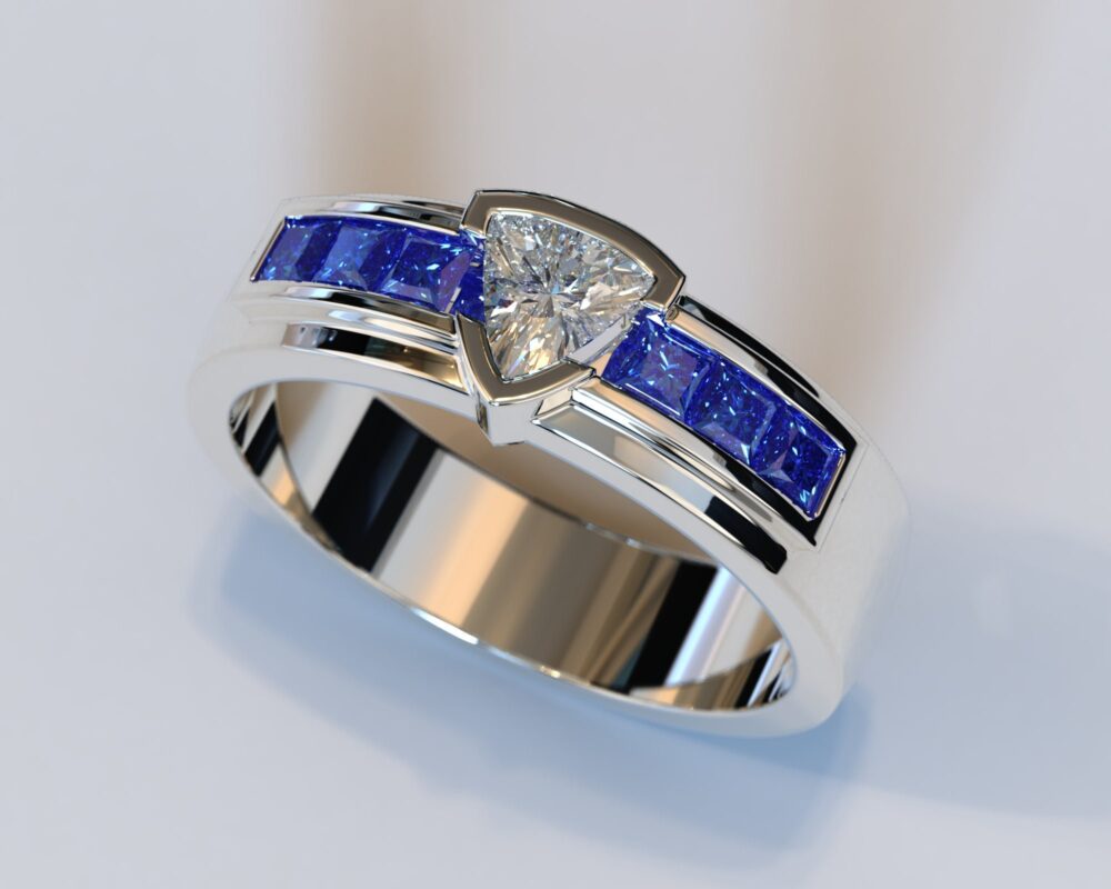 Mens Wedding Band/Unique Ring Sapphire Diamond Bezel White Gold