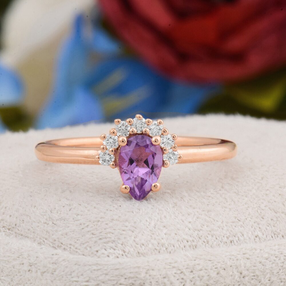 Pear Cut Amethyst Engagement Ring Diamond Halo, Handmade Solid Gold