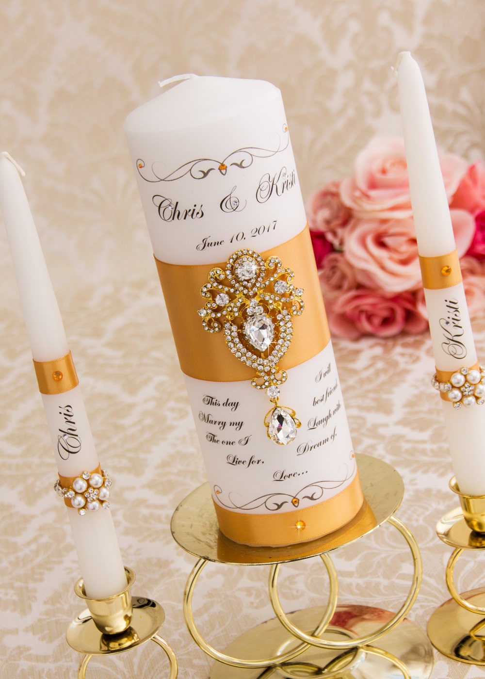 Wedding Unity Candle Set, Gold Set Personalized Ceremony Candles Crystal Pillar