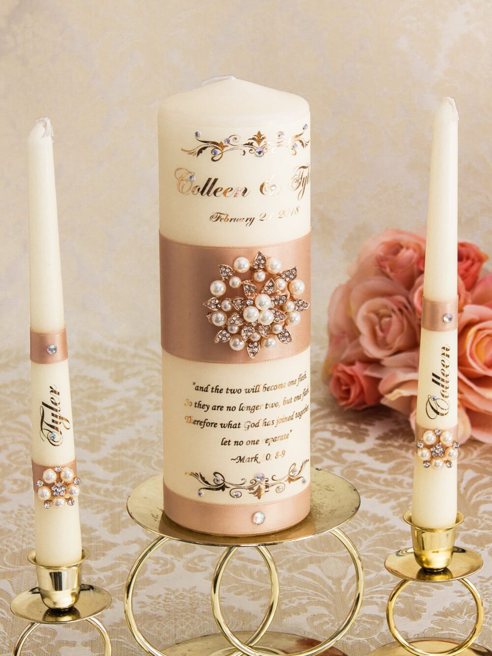 Rose Gold Wedding Unity Candle Set, Blush Candles Pearl Personalized