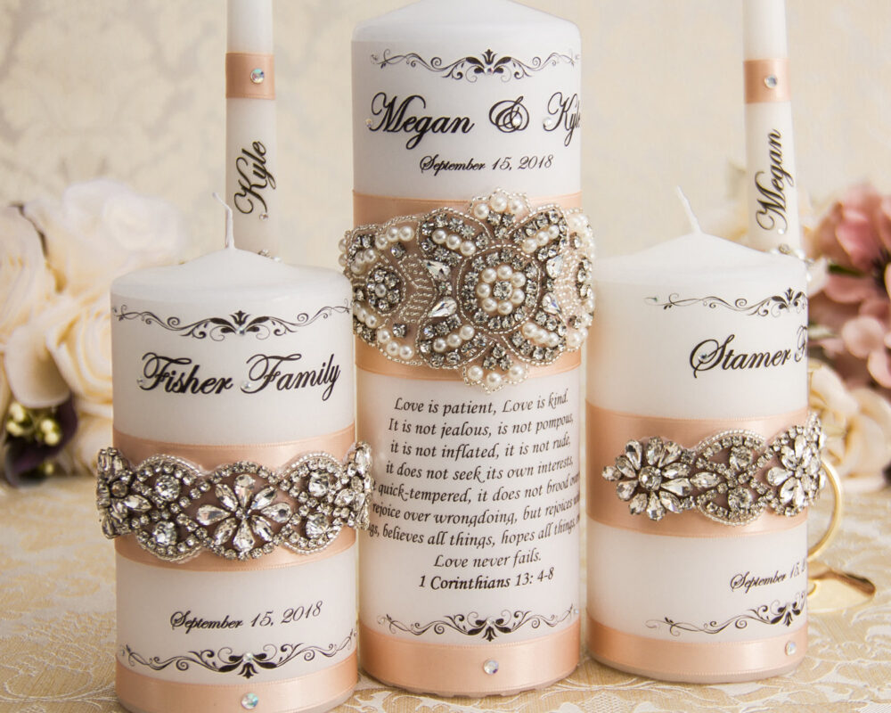 Wedding Unity Candle Set, Family Candles Blush Personalized Set With