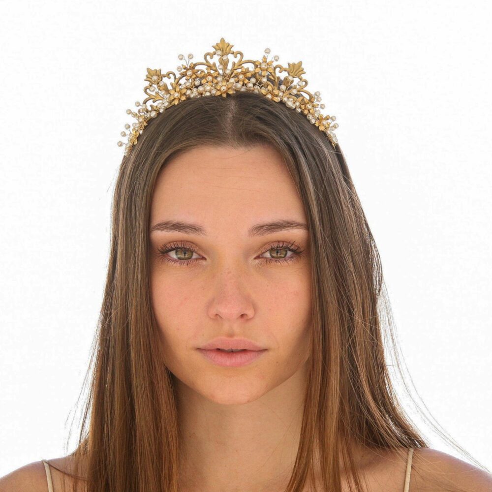 Gold Fleur De Lis Wedding Crown Boho Bridal Headband With Pearls