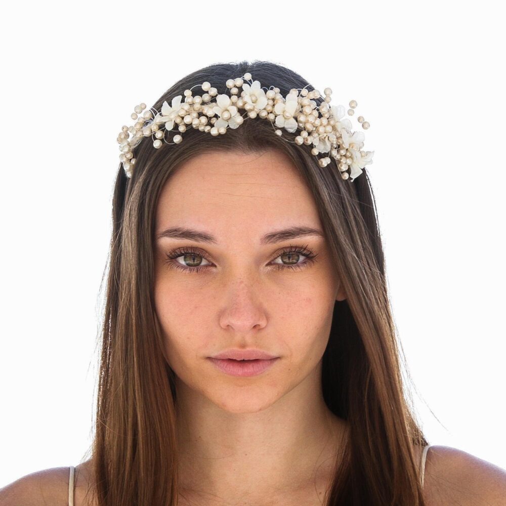 Vintage Pearl & Flower Ivory Wedding Headpiece, Beaded Boho Bridal Headband