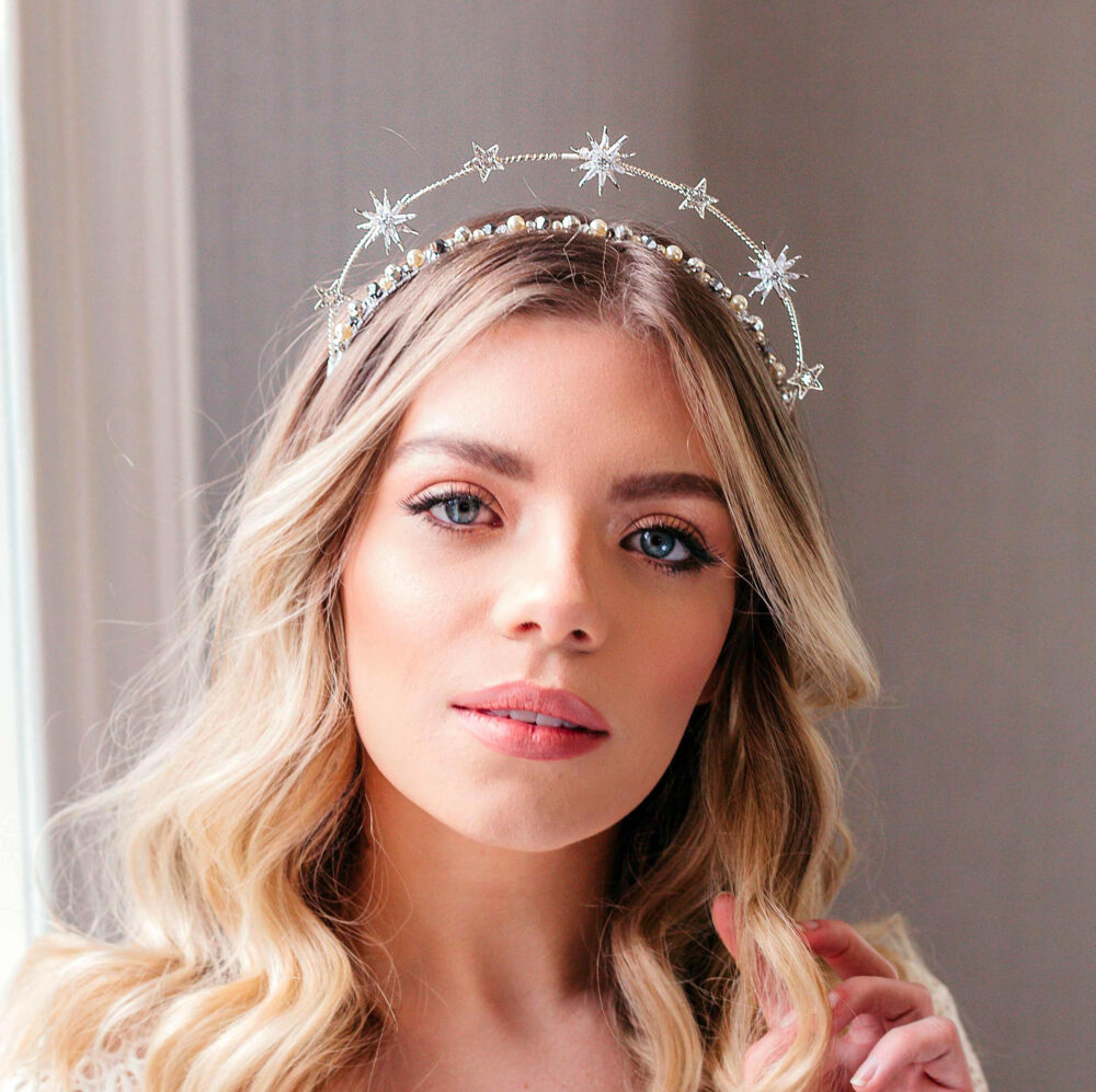 Celestial Wedding Crown, Silver Bridal Hair Accessory, Boho Halo Headpiece, Star Piece For Bride, Fairytale Wedding, Bohemian Headband