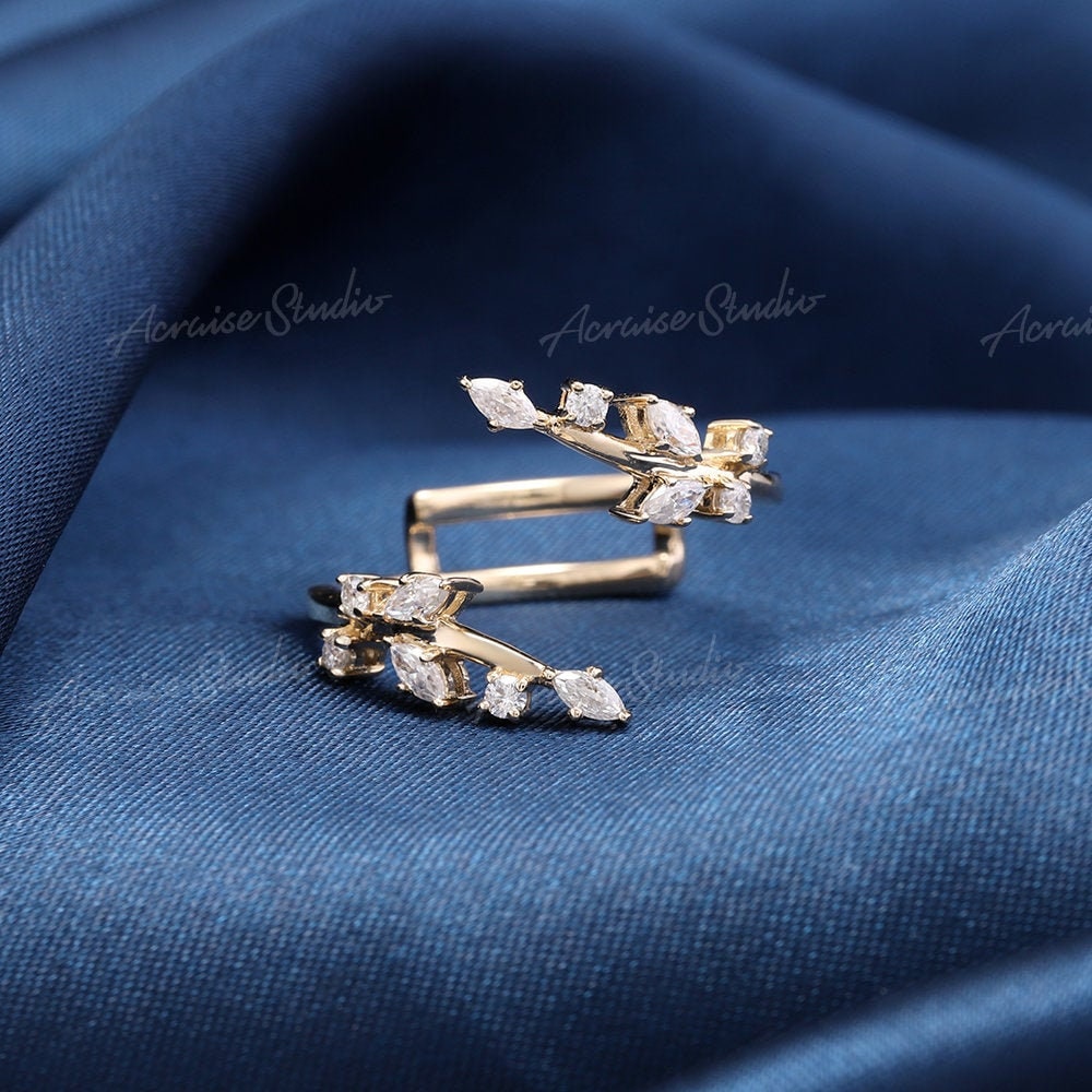 Open Leaf Wedding Band Marquise Diamond Ring Enhancer 14K Gold Wedding Ring Branch Delicate Guard Band Unique Matching