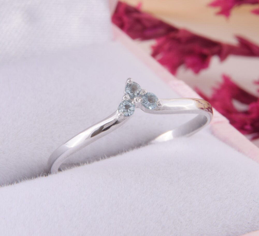 Womens Blue Topaz Curved Wedding Band, Simple & Delicate Chevron V Sterling Silver Band For Her