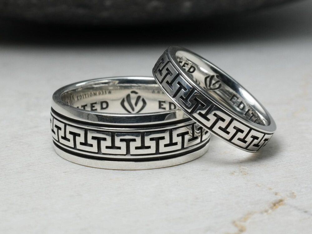 Greek Key Wedding Ring, Band Set, Stacking Silver Band, Pattern Statement Ring Jewelry, Sterling 925