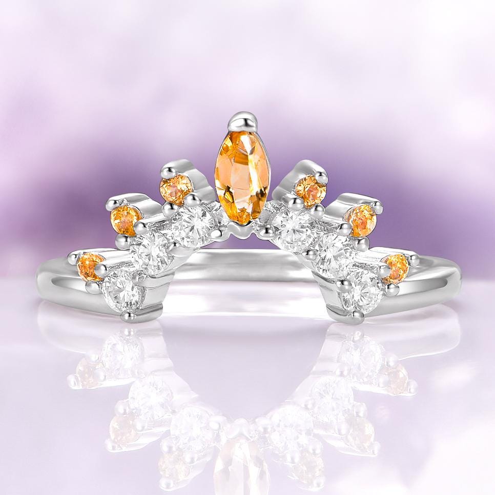 Natural Citrine Wedding Band in 925 Sterling Silver Band - Curved Arc Ring - Matching Stacking Ring Layering