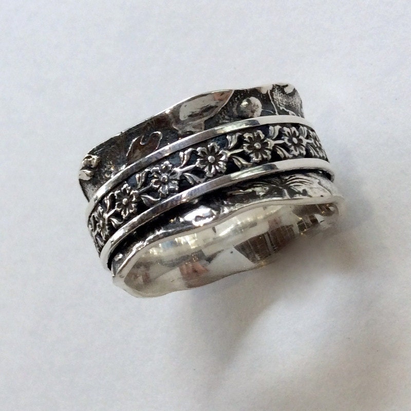 Wedding Band, Oxidized Floral Wide Sterling Silver Band, Spinner Ring, Meditation Gold Ring - Otherwise R2134