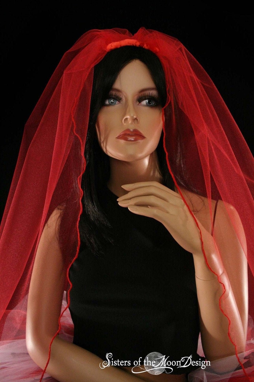 Lovely Red Gothic Wedding Veil Finger Tip Length 48In Bridal Simple Tulle Single Layer Hemmed Goth Halloween Costume -Sisters Of The Moon