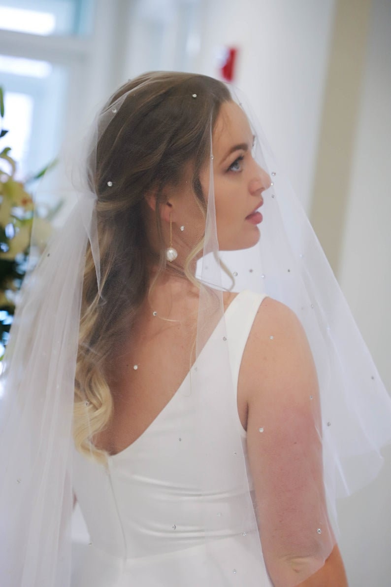 Crystal Beaded Fingertip Wedding Veil - White Tulle