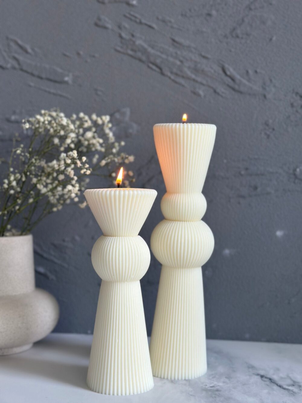 Ribbed Pillar Candle Tall Undyed Sculptural Soy Wax Candle