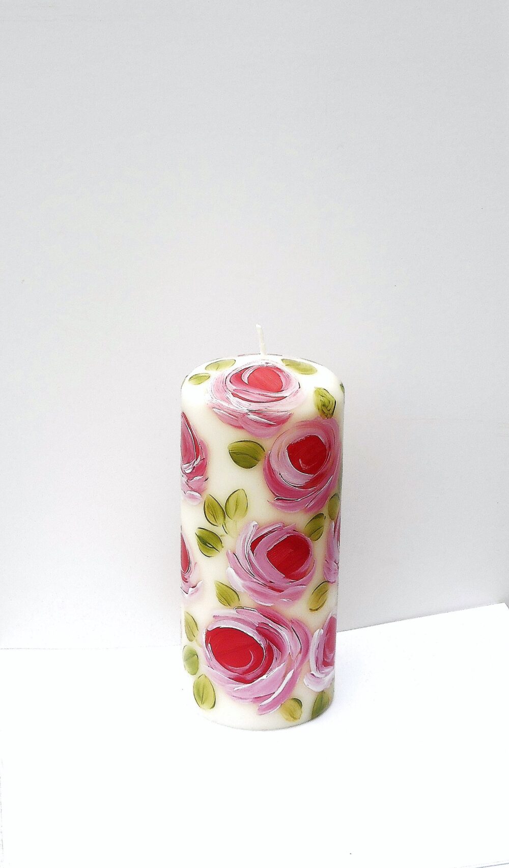 Large Hand Painted Roses Pillar Candle Romantic Floral Shabby Chic Decor