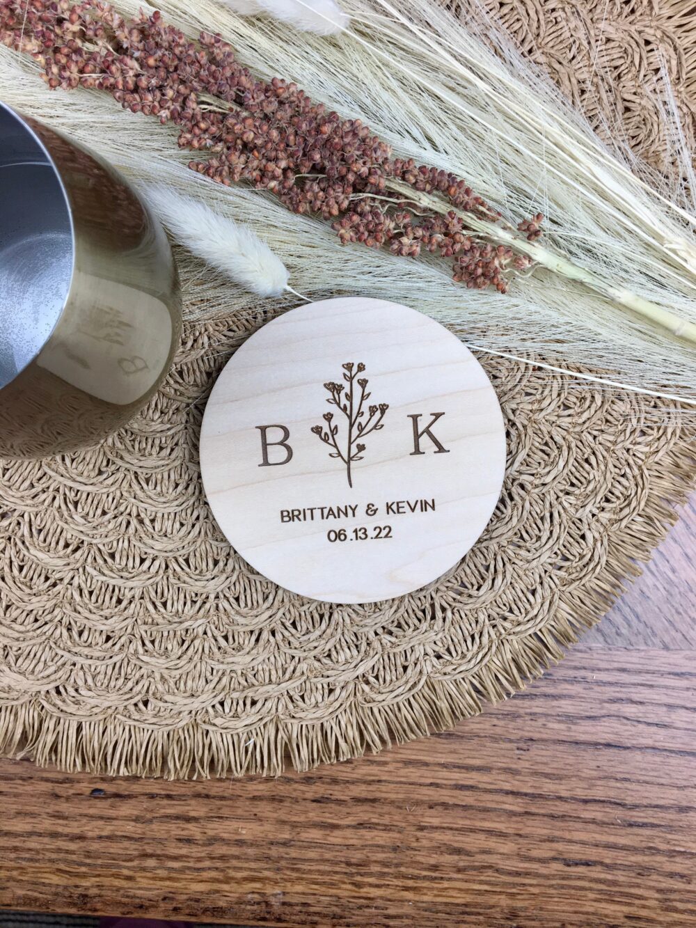 Custom Bulk Wedding Favors, Personalized Wooden Coaster Set, Monogram Coasters, Boho Party Gift, Bridal Shower Gift