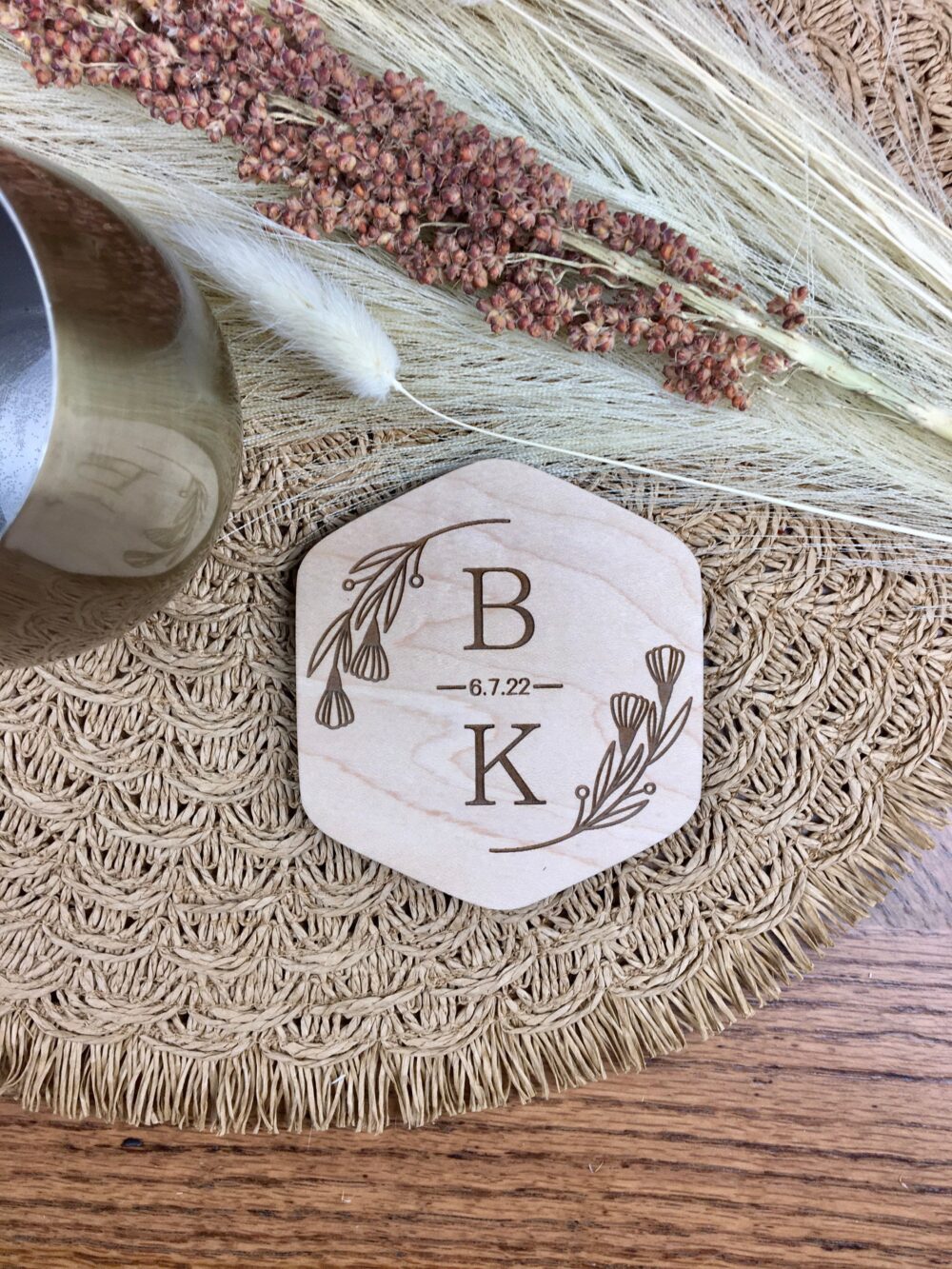 Custom Bulk Wedding Favors, Personalized Wooden Coaster Set, Monogram Coasters, Boho Party Gift, Bridal Shower Gift