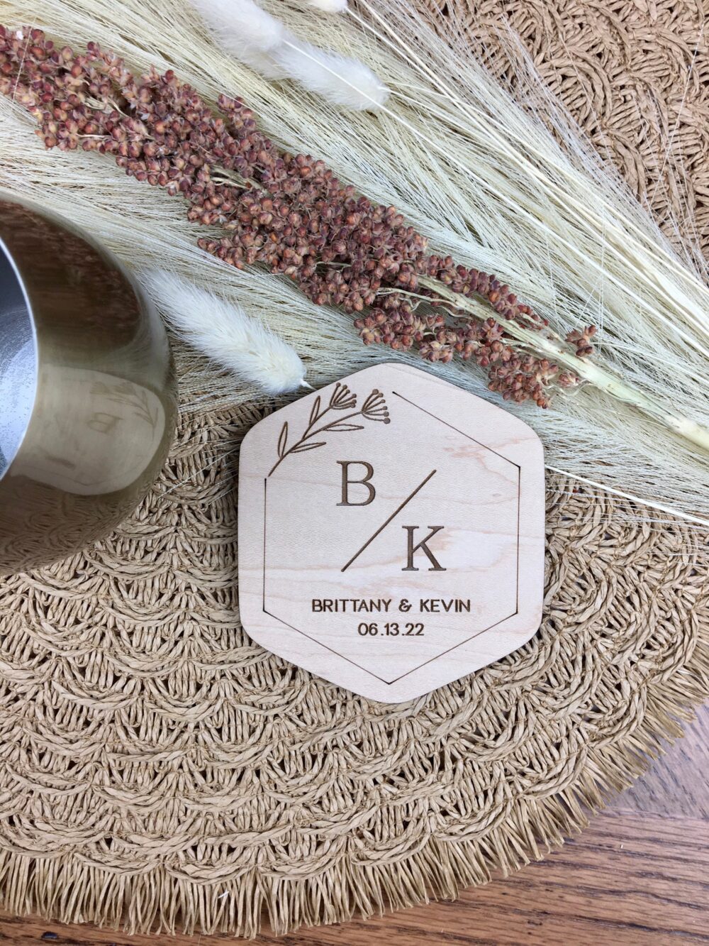 Custom Bulk Wedding Favors, Personalized Wooden Coaster Set, Monogram Coasters, Boho Party Gift, Bridal Shower Gift