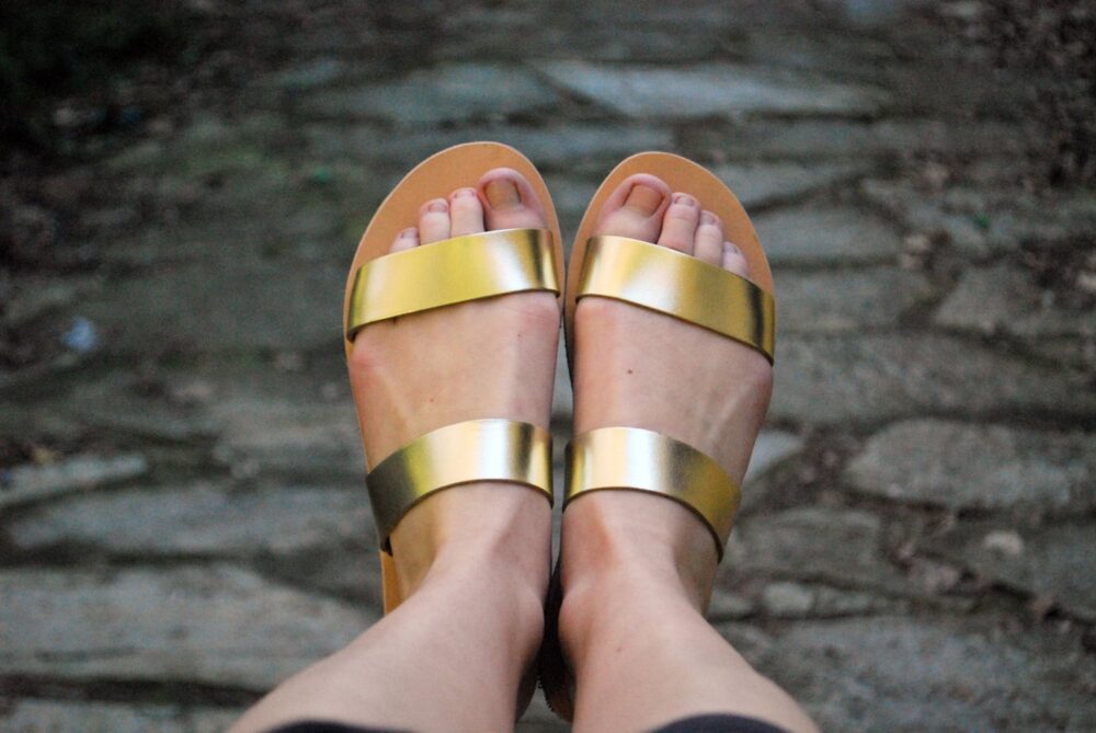 Sandals in Gold, Womens Leather Flats, Handmade Greece