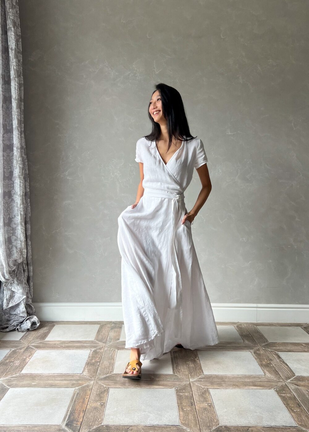 Linen White Dress, Long Wrap Caftan Summer Maxi Dress Valentina, Alternative Wedding Plus Size