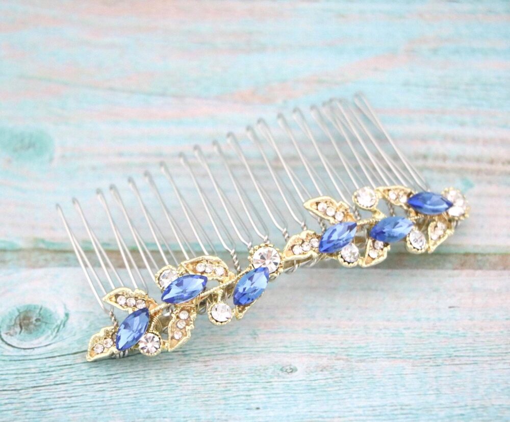 Gold Crystal Wedding Hair Comb, Navy Blue Rhinestone Bridal Headpiece Sapphire Hair Comb Accessories Silver