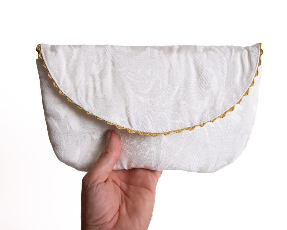 Bridesmaid Clutch, Cream White Floral Pouch, Gold Purse, Spring Wedding Purse