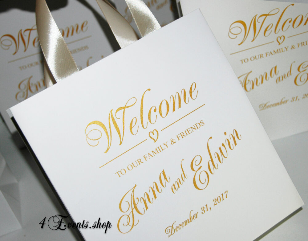 35 Wedding Welcome Bags With Champagne Satin Ribbon Handles & Gold Names - Elegant Personalized Wedding Gifts Favors For Guests